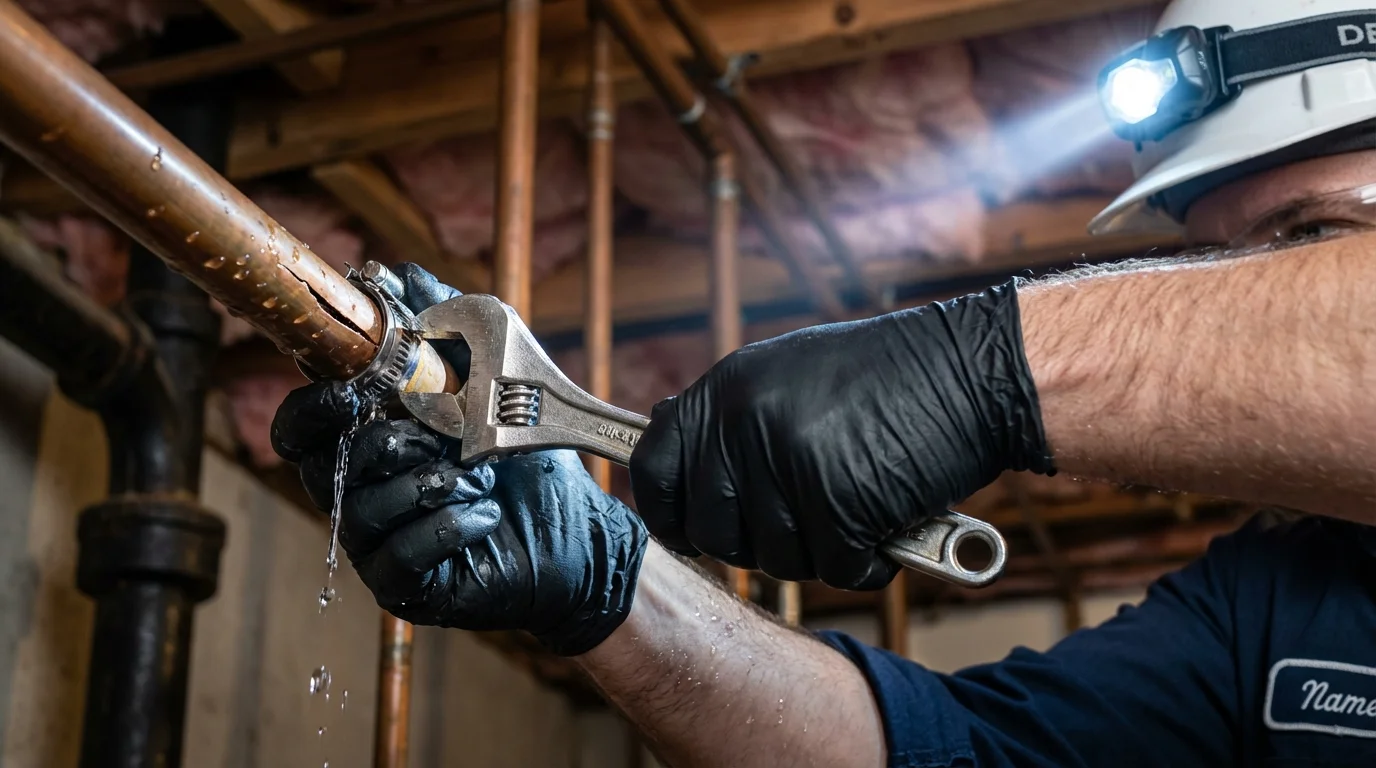 Emergency pipe clamp repair being performed by a Johns Plumbing LLC plumber in Elkland