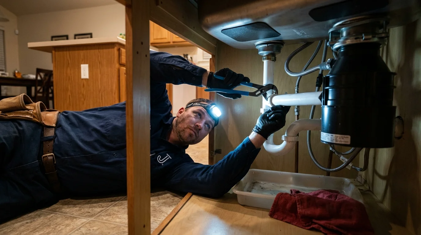 P-trap and supply line connections under a kitchen sink showing a common leak point in Elkland, PA